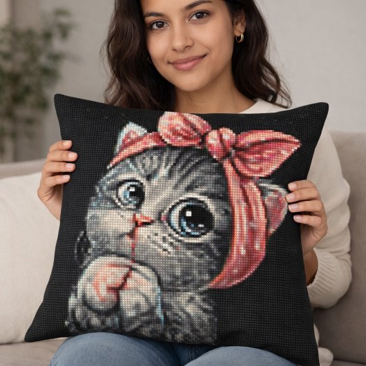 Cute Kitten Bow Cross Stitch Throw Pillow クッション