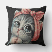 Cute Kitten Bow Cross Stitch Throw Pillow クッション (正面)