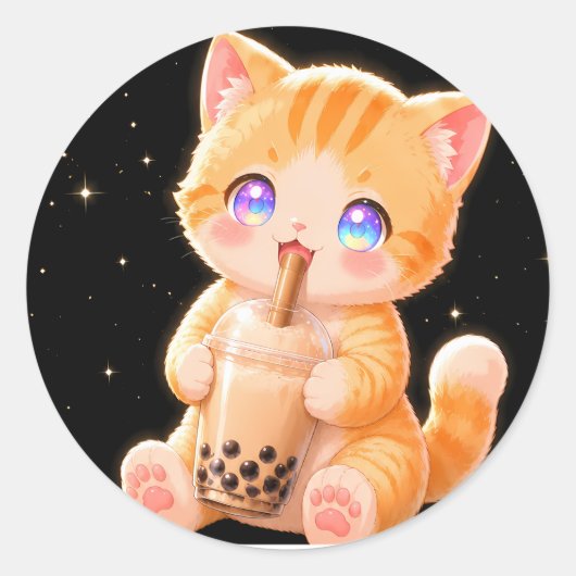 Cute Kitten & Bubble Tea ラウンドシール (正面)