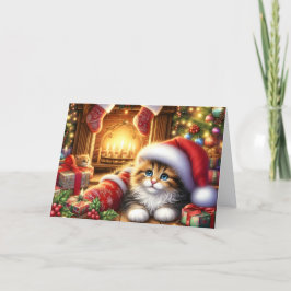 Cute Kitten by the Fireplace Christmas シーズンカード