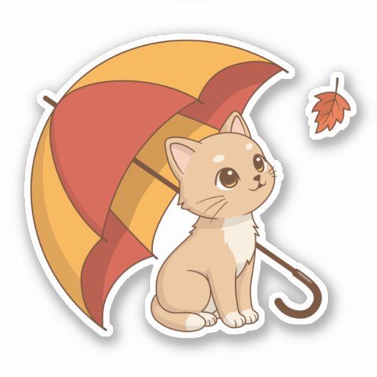 Cute Kitten Cat Red Yellow Umbrella Fall シール (正面)