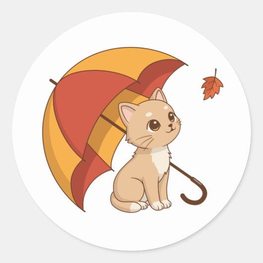 Cute Kitten Cat Red Yellow Umbrella Fall ラウンドシール (正面)