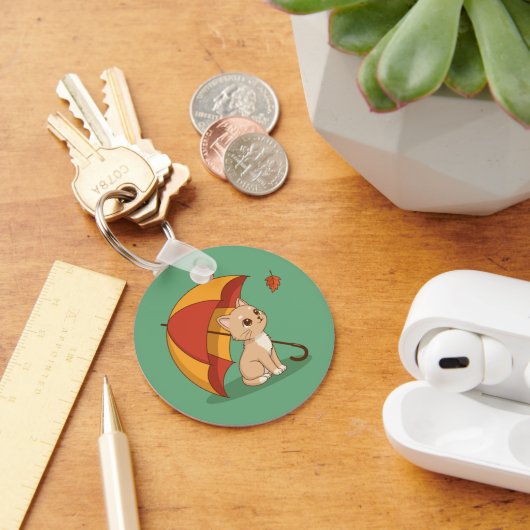 Cute Kitten Cat Red Yellow Umbrella Fall Green キーホルダー (デスク)