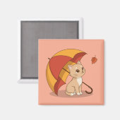 Cute Kitten Cat Red Yellow Umbrella Fall Pink マグネット (正面/裏面)