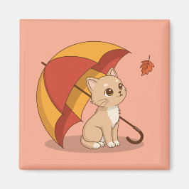 Cute Kitten Cat Red Yellow Umbrella Fall Pink マグネット