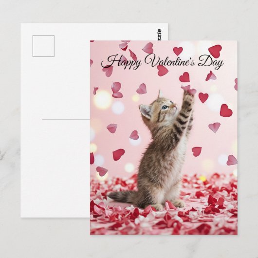 Cute Kitten Catching Valentine Heart Petals ポストカード (正面/裏面)