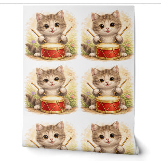 Cute Kitten Drum Pattern Wallpaper Kids 壁紙