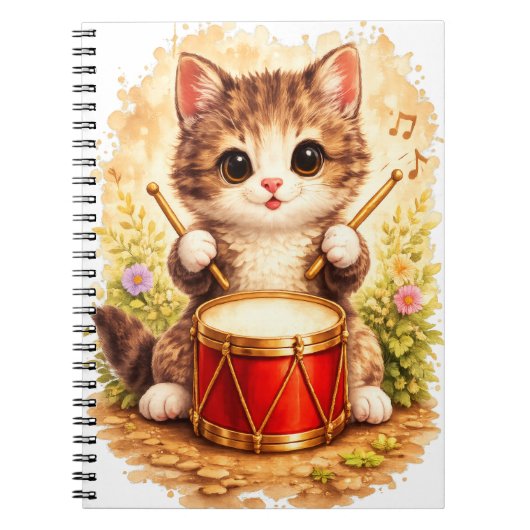 Cute Kitten Drum Spiral Notebook Kawaii ノートブック (正面)