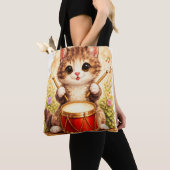 Cute Kitten Drum Tote Bag Kawaii Cat Music トートバッグ (クローズアップ)