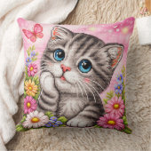 Cute Kitten Floral Cross Stitch Throw Pillow クッション (ブランケット)