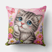 Cute Kitten Floral Cross Stitch Throw Pillow クッション (正面)