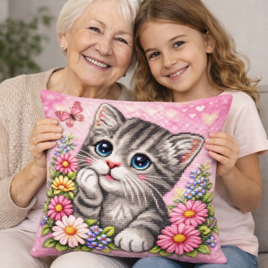 Cute Kitten Floral Cross Stitch Throw Pillow クッション