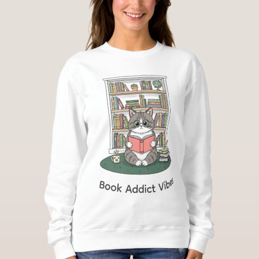 Cute Kitten Glasses Bookshelf Literature Lover スウェットシャツ (正面)