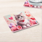 Cute kitten hearts flowers スクエアペーパーコースター (アングル)
