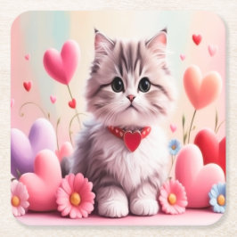 Cute kitten hearts flowers スクエアペーパーコースター