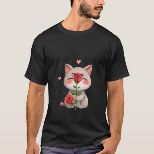 Cute Kitten Holding Red Rose Love Valentine Art 🌹 Tシャツ (正面)