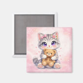 Cute Kitten Hugging Teddy Bear Square Magnet マグネット (正面/裏面)