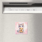 Cute Kitten Hugging Teddy Bear Square Magnet マグネット (インサイチュ (食洗機))