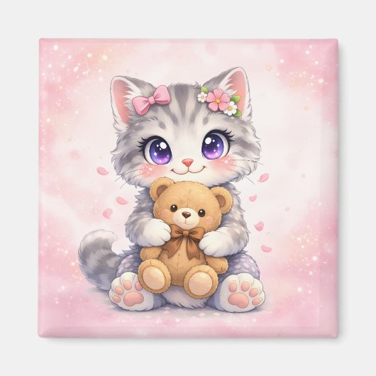 Cute Kitten Hugging Teddy Bear Square Magnet マグネット (正面)