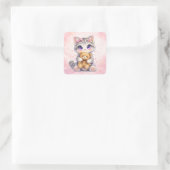 Cute Kitten Hugging Teddy Bear Square Sticker スクエアシール (バッグ)