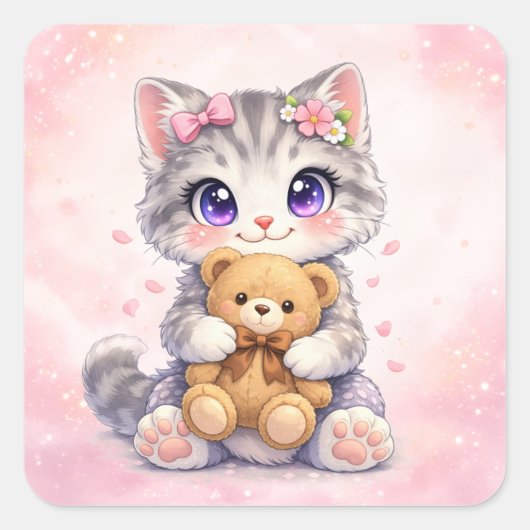 Cute Kitten Hugging Teddy Bear Square Sticker スクエアシール (正面)