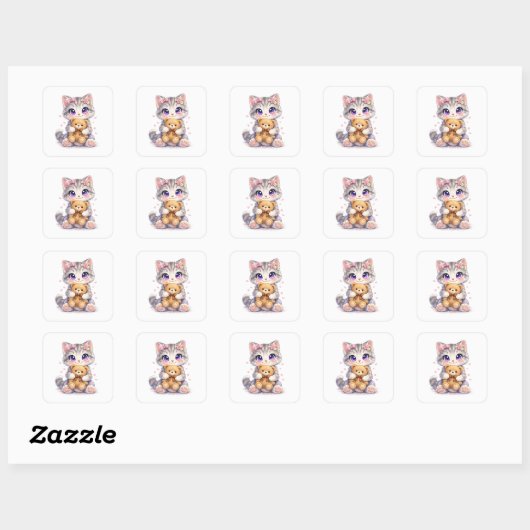 Cute Kitten Hugging Teddy Bear Square Sticker スクエアシール (シート)
