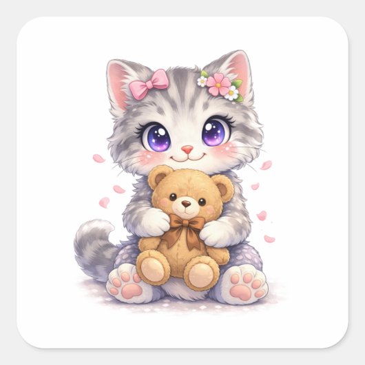 Cute Kitten Hugging Teddy Bear Square Sticker スクエアシール (正面)