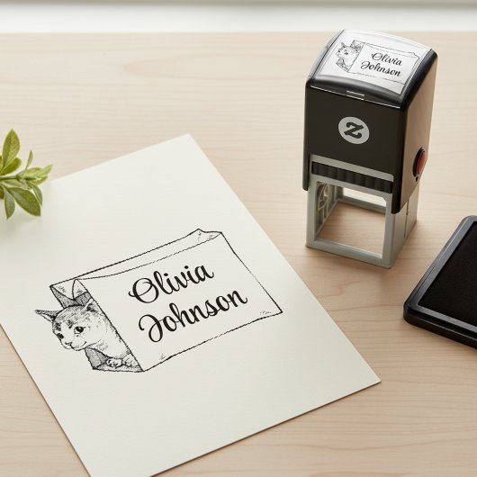 Cute Kitten in a Bag Signature Name Stamp セルフインキングスタンプ