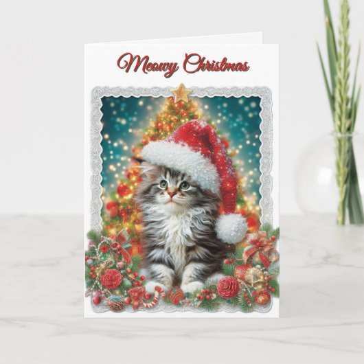 Cute Kitten Meowy Christmas Holiday Card シーズンカード (正面)