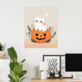 Cute Kitten Sitting On Pumpkin Modern Halloween ポスター (ホームオフィス)