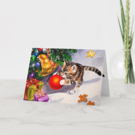 Cute Kitten Swinging On Christmas Tree Ornaments シーズンカード