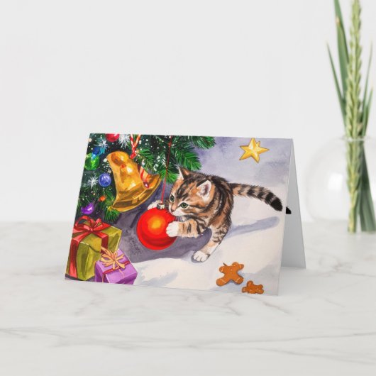 Cute Kitten Swinging On Christmas Tree Ornaments シーズンカード (正面)