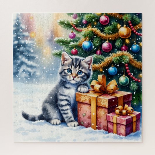 Cute Kitten Under Christmas Tree ジグソーパズル (縦)