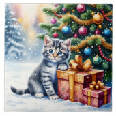 Cute Kitten Under Christmas Tree タイル (正面)