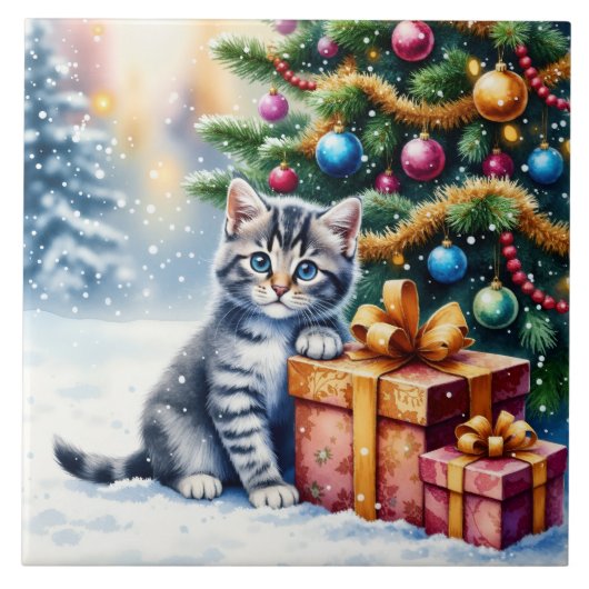 Cute Kitten Under Christmas Tree タイル (正面)