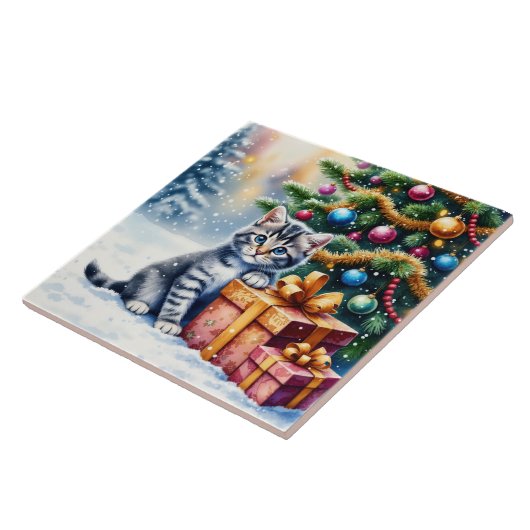 Cute Kitten Under Christmas Tree タイル (側面)