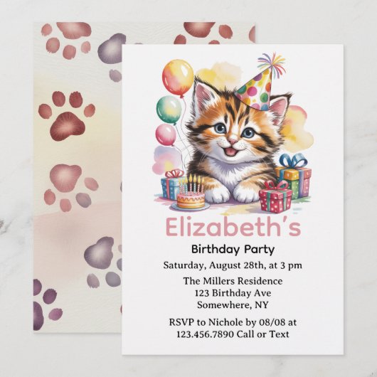Cute Kitten Watercolor Birthday Party 招待状 (正面/裏面)