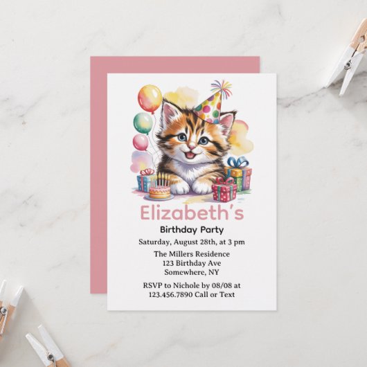 Cute Kitten Watercolor Birthday Party 招待状 (正面/裏面インサイチュ)