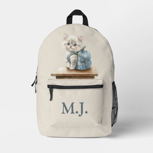 Cute Kitten with Backpack Custom Monogram Backpack プリントバックパック (正面)