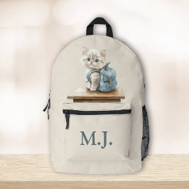 Cute Kitten with Backpack Custom Monogram Backpack プリントバックパック