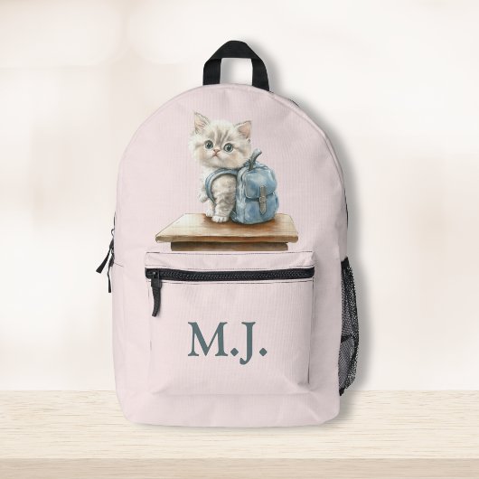 Cute Kitten with Backpack Custom Monogram Backpack プリントバックパック