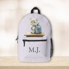 Cute Kitten with Backpack Custom Monogram Backpack プリントバックパック