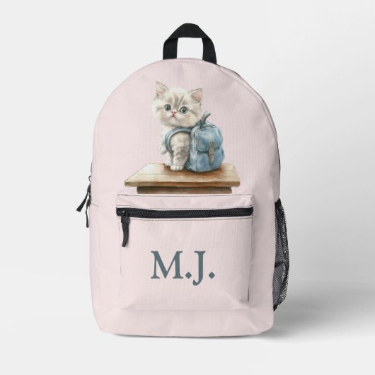 Cute Kitten with Backpack Custom Monogram Backpack プリントバックパック (正面)