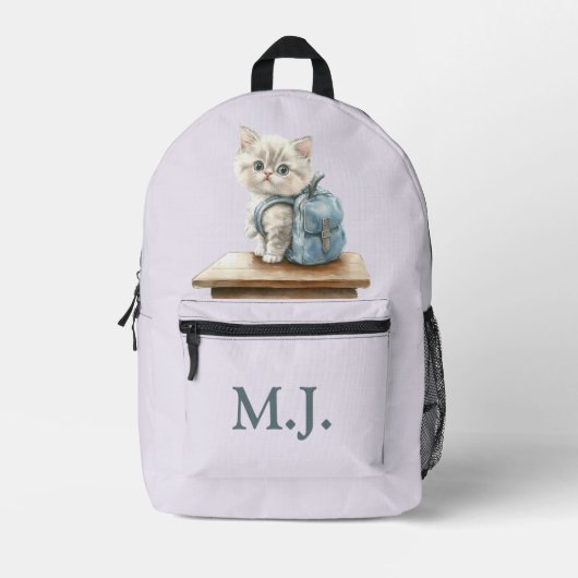 Cute Kitten with Backpack Custom Monogram Backpack プリントバックパック (正面)
