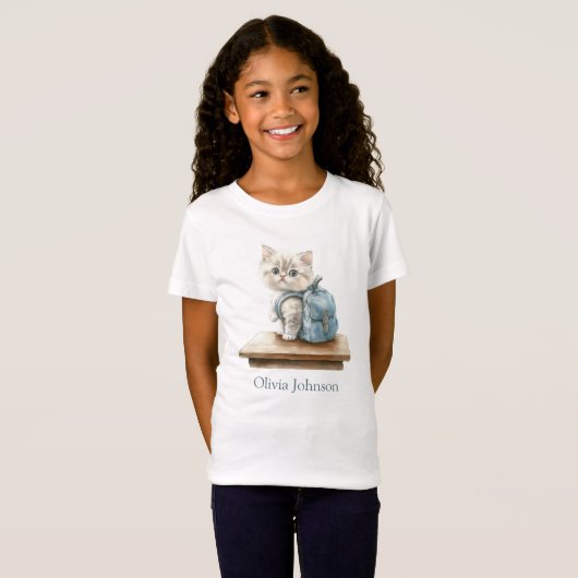 Cute Kitten with Backpack Personalized Kid Tシャツ (正面フル)
