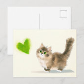 Cute Kitten with Green Heart – Minimal Design ポストカード (正面/裏面)