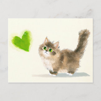 Cute Kitten with Green Heart – Minimal Design ポストカード