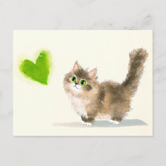 Cute Kitten with Green Heart – Minimal Design ポストカード (正面)