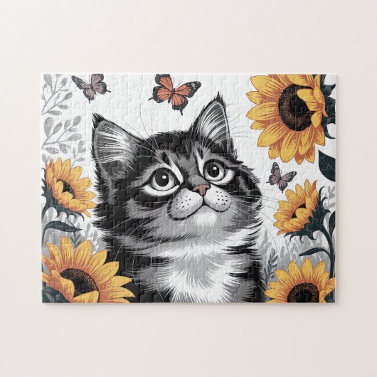 Cute Kitten With Sunflowers ジグソーパズル (横)