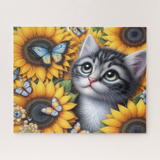 Cute Kitten With Sunflowers ジグソーパズル (横)